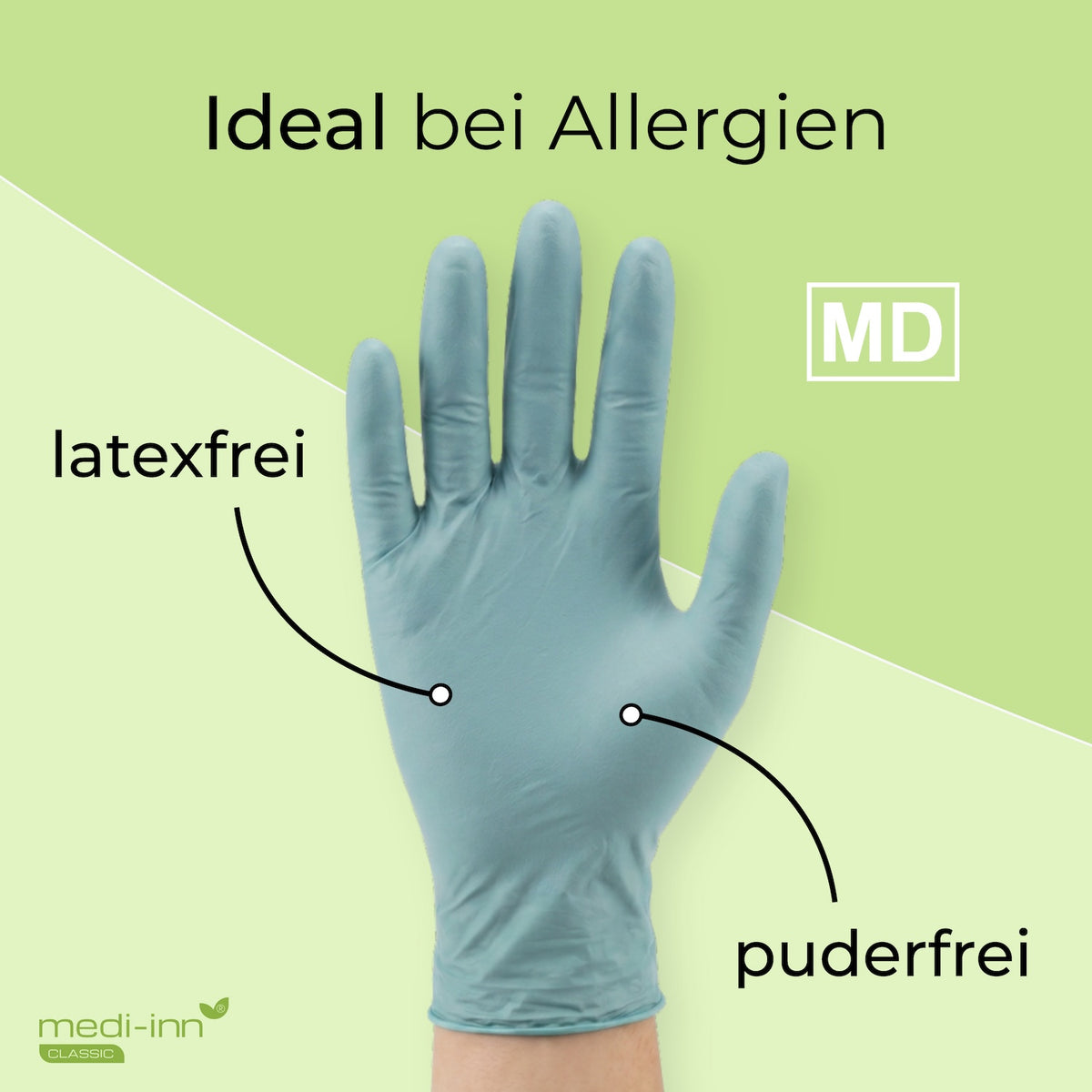 Frontalansicht eines Medi-Inn Nitril Mint Plus Einmalhandschuhs mit den Hinweisen: latexfrei, puderfrei, Medizinprodukt.