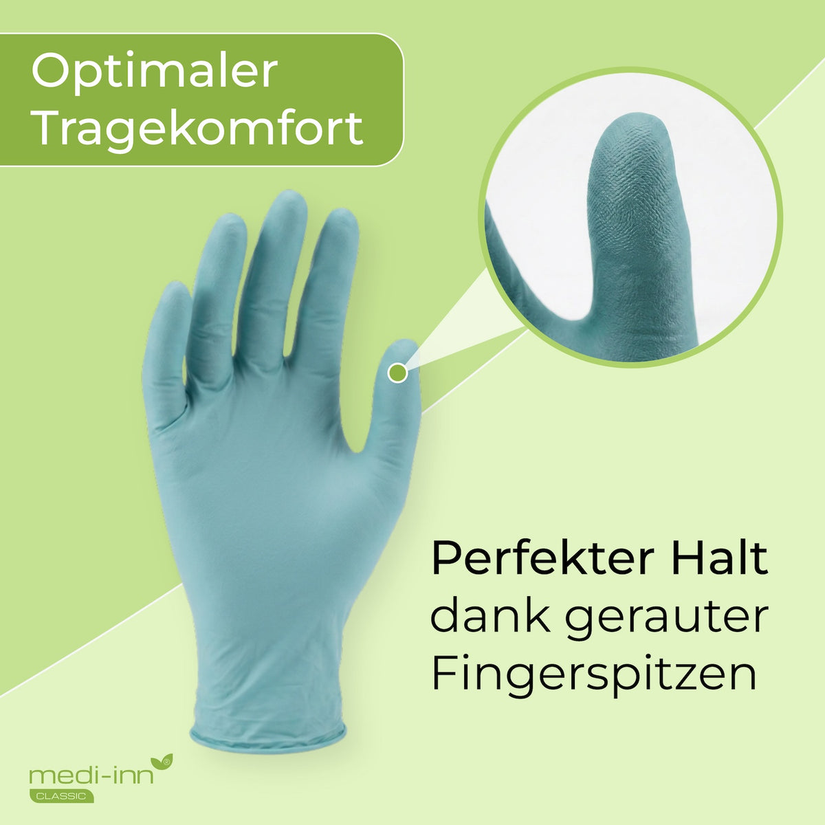 Frontalansicht eines Medi-Inn Nitril Mint Plus Einmalhandschuhs mit den Hinweisen: Optimaler Tragekomfort, Perfekter Halt dank gerauter Fingerspitzen.