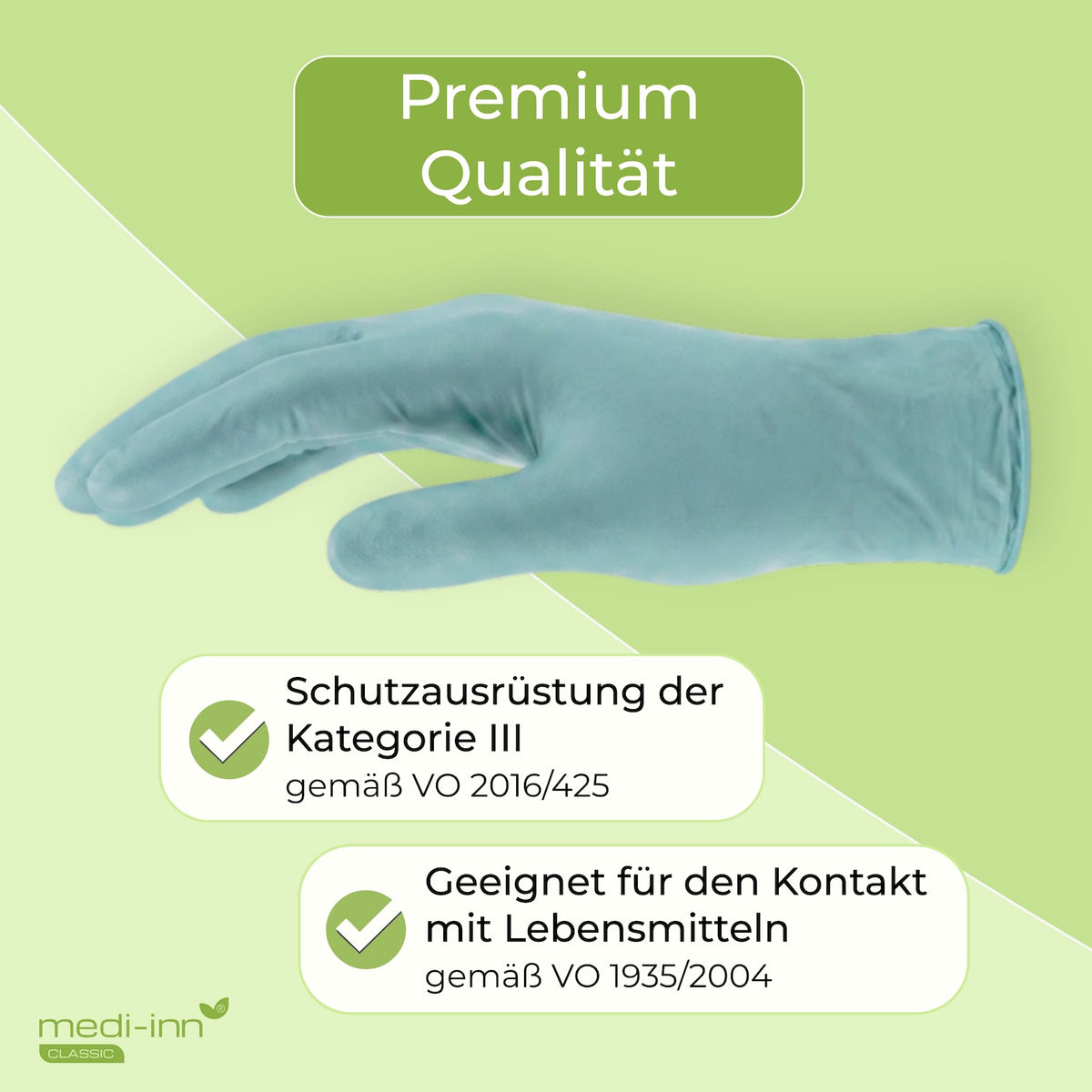 Seitliche Ansicht eines Medi-Inn Nitril Mint Plus Einmalhandschuhs mit den Hinweisen: Premium Qualität, Schutzausrüstung der Kategorie III gemäß VO 2016/425, Geeignet für den Kontakt mit Lebensmitteln gemäß VO 1935/2004.