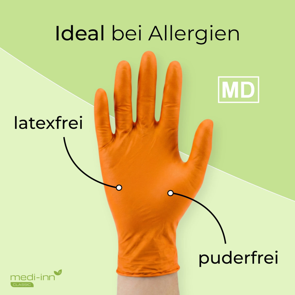 Frontalansicht eines Medi-Inn Nitril Orange Einmalhandschuhs mit den Hinweisen: latexfrei, puderfrei, Medizinprodukt.