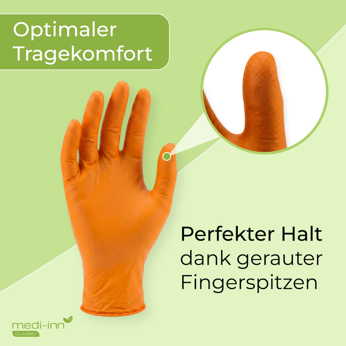 Frontalansicht eines Medi-Inn Nitril Orange Einmalhandschuhs mit den Hinweisen: Optimaler Tragekomfort, Perfekter Halt dank gerauter Fingerspitzen.