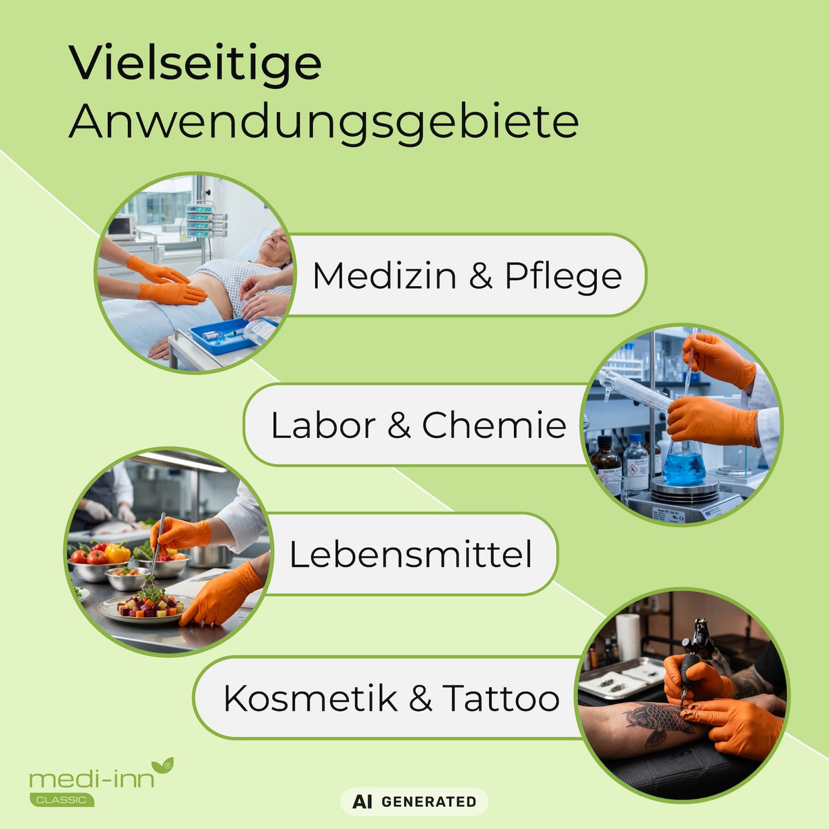 Hinweis auf die vielseitigen Anwendungsgebiete des Medi-Inn Nitril Orange Einmalhandschuhs: Medizin & Pflege, Labor & Chemie, Lebensmittel, Kosmetik & Tattoo.