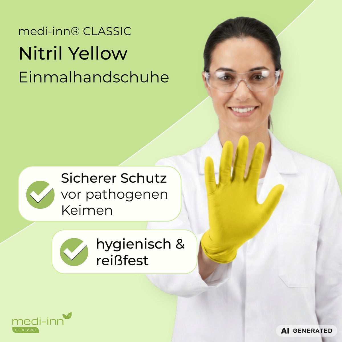 Eine Fachkraft aus dem Labor trägt den Medi-Inn Nitril Yellow Einmalhandschuh. Daneben die Hinweise: Sicherer Schutz vor pathogenen Keimen, hygienisch & reißfest.