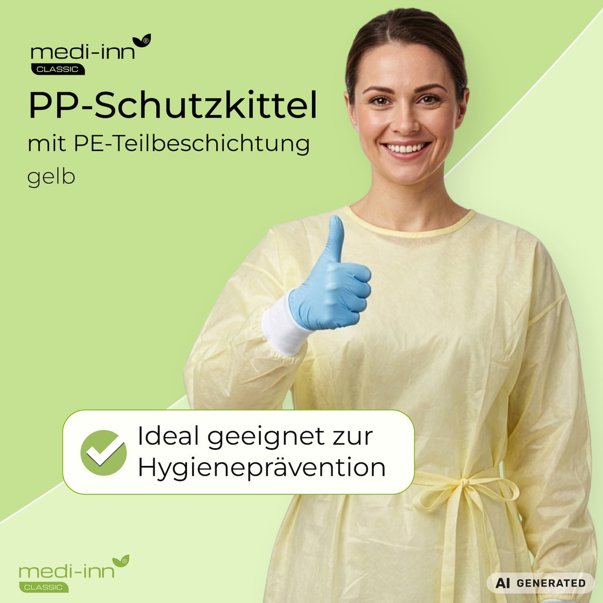 Weibliche Person trägt den Medi-Inn Infektionschutzkittel Gelb mit PE Teilbeschichtung, darunter der Hinweis: Ideal geeignet zur Hygieneprävention.