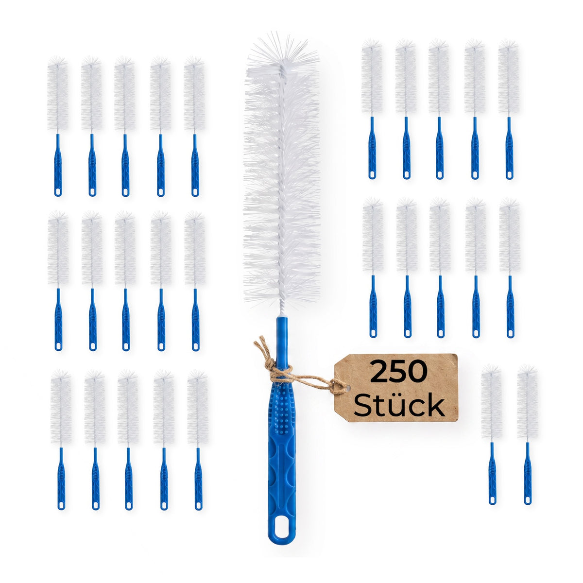 Frontalansicht mehrerer Medi-Inn Urinflaschenbürsten mit blauem Griff.