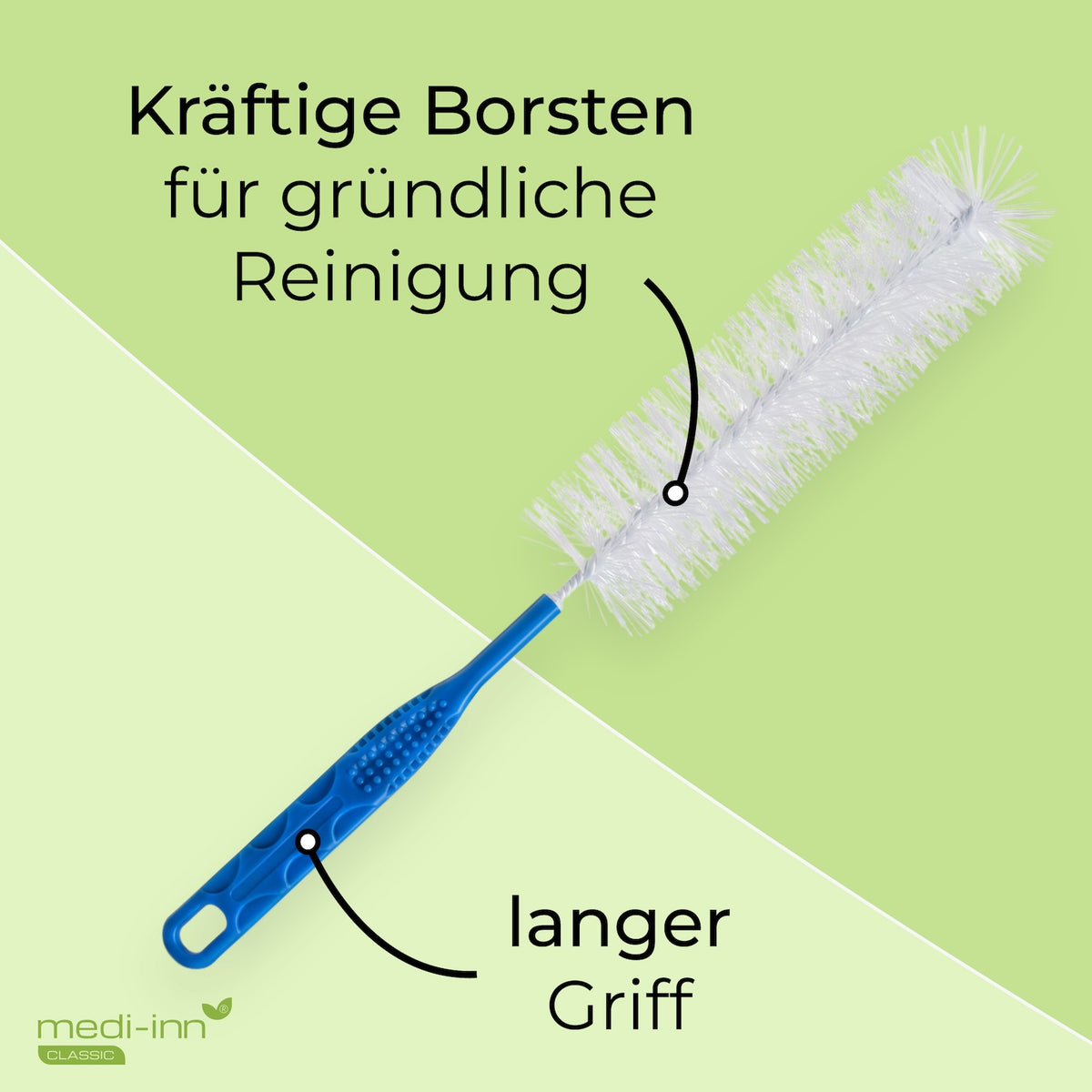 Eigenschaften: Kräftige Borsten für gründliche Reinigung, langer Griff