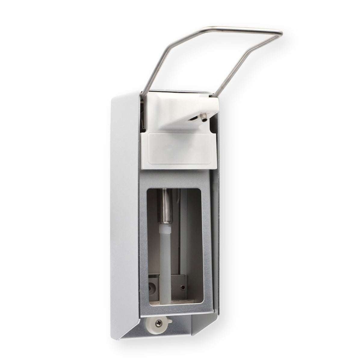 Seitliche Ansicht eines Medi-Inn Wandspenders Aluminium mit Langarmhebel 1000 ml.