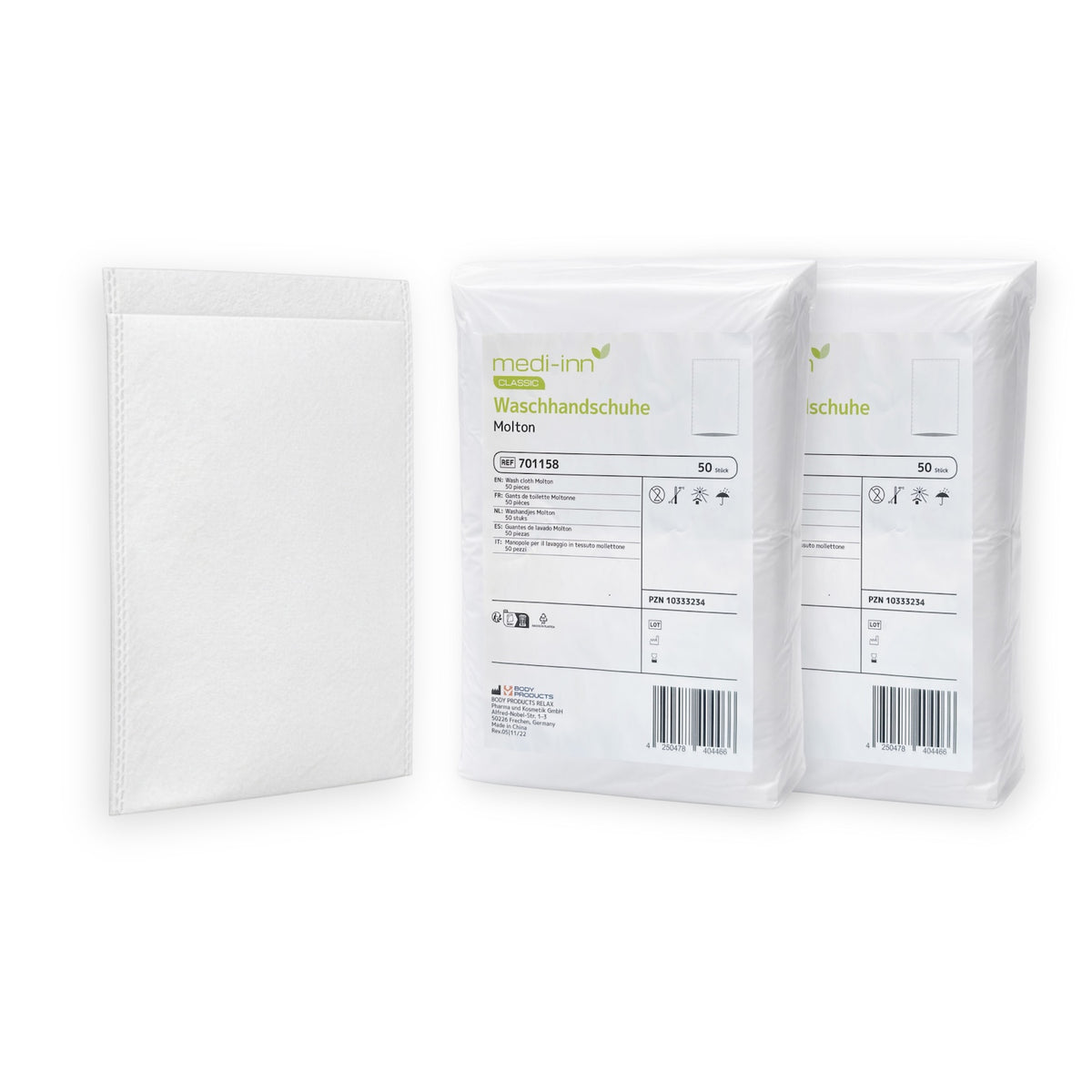 MEDI-INN Molton Waschhandschuhe – Produktansicht mit Einmal-Waschhandschuh und zwei Packungen à 50 Stück
