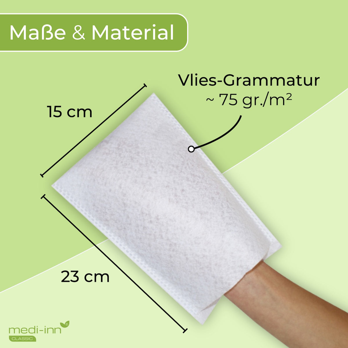 Maße und Material der Molton Waschhandschuhe – 15 × 23 cm, Vlies-Grammatur ca. 75 g/m² (Infografik)