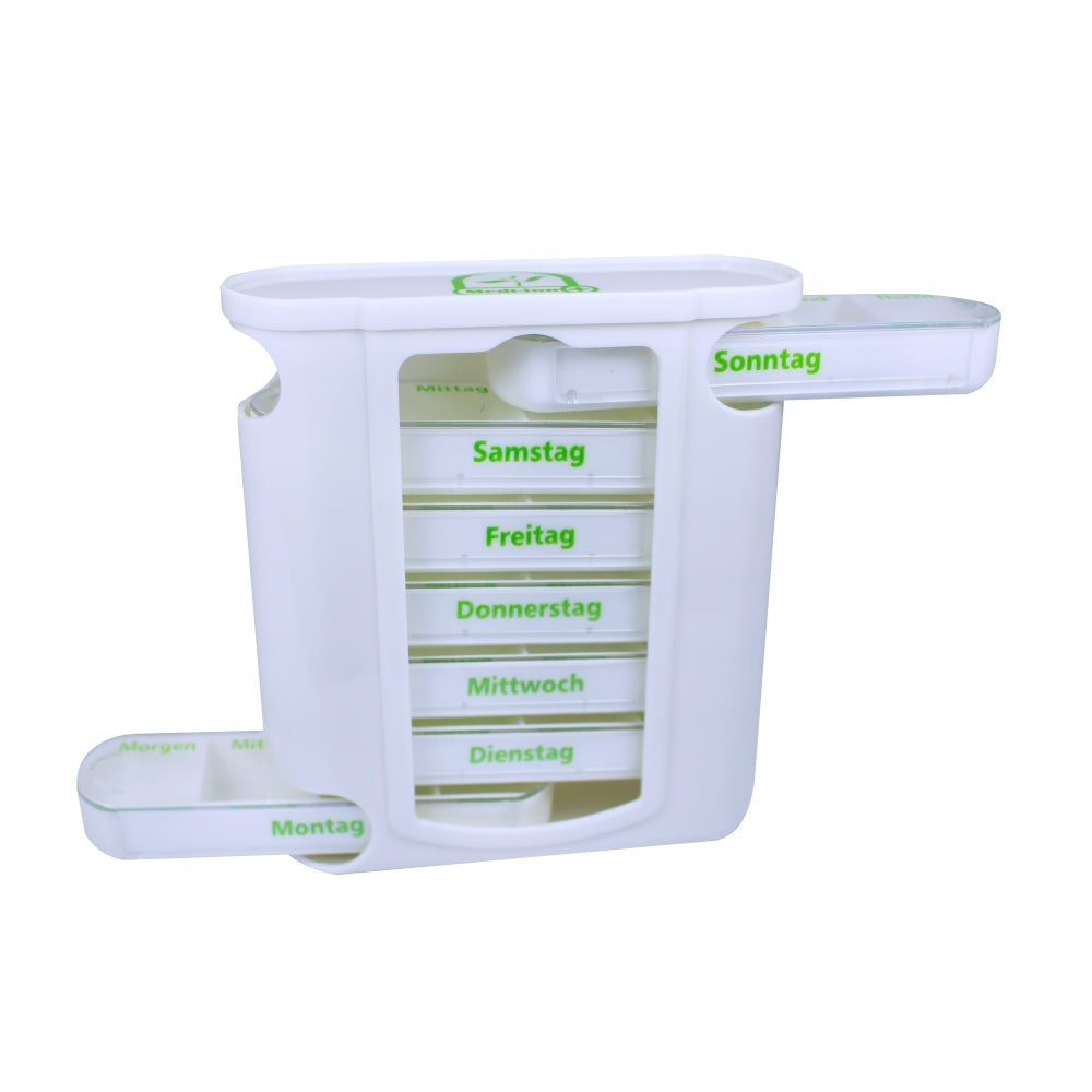Medikamentendispenser für 7 Tage mit einzelnen beschrifteten Fächern für jeden Wochentag.