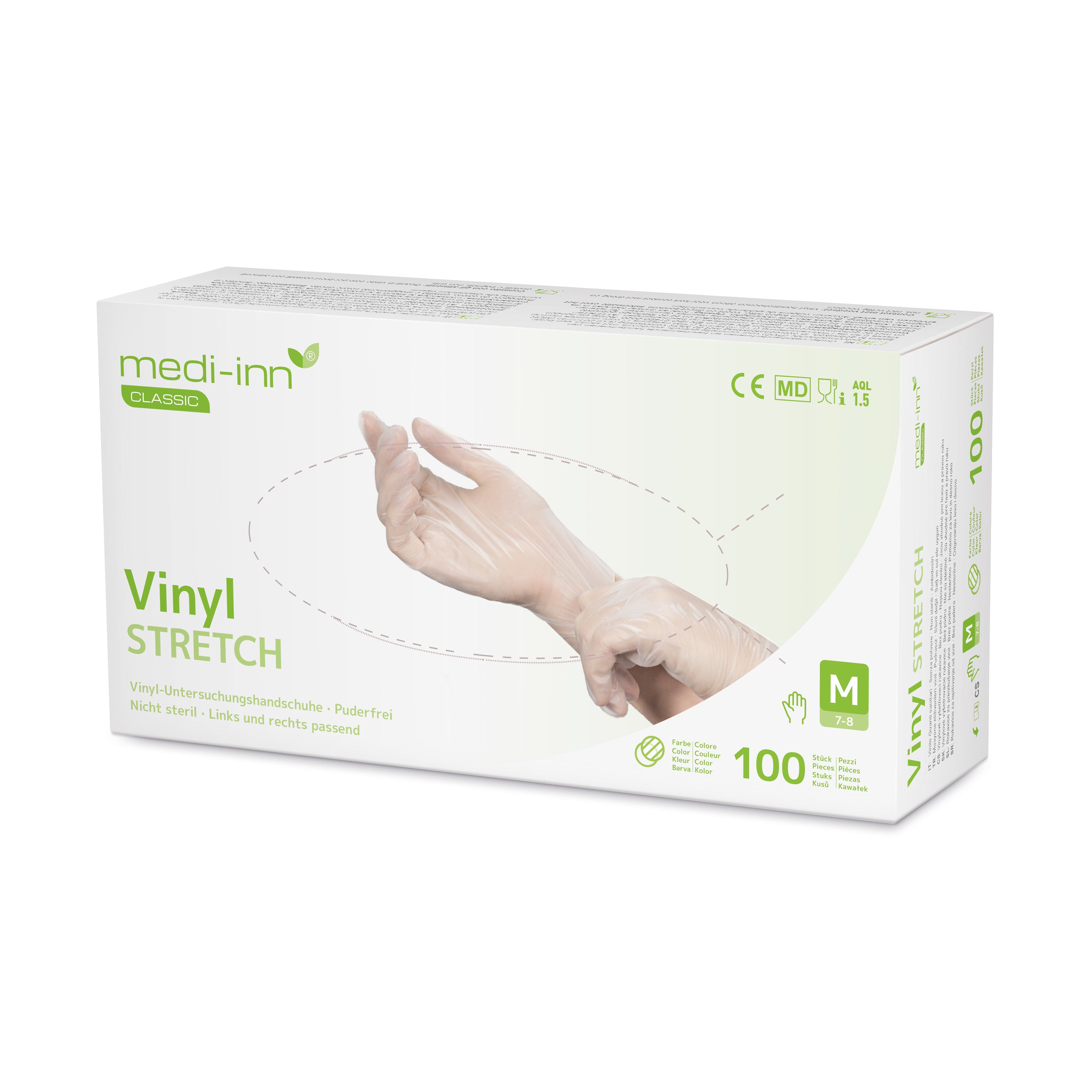 Verpackung von Medi-Inn Vinyl Stretch Untersuchungshandschuhen in Größe M, puderfrei, nicht steril, 100 Stück. Abgebildet ist eine Hand mit angezogenem Handschuh, die zweite Hand zieht den Handschuh über das Handgelenk.