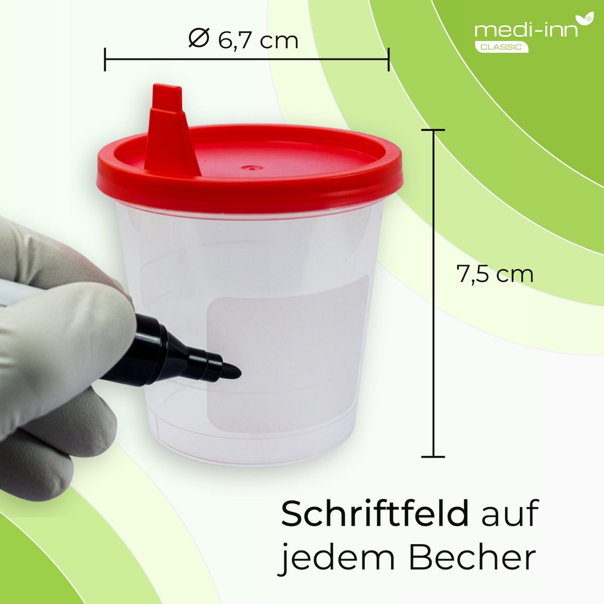Maße: 7,5 cm hoch, Durchmesser Deckel: 6,7 cm, Schriftfeld auf jedem Becher
