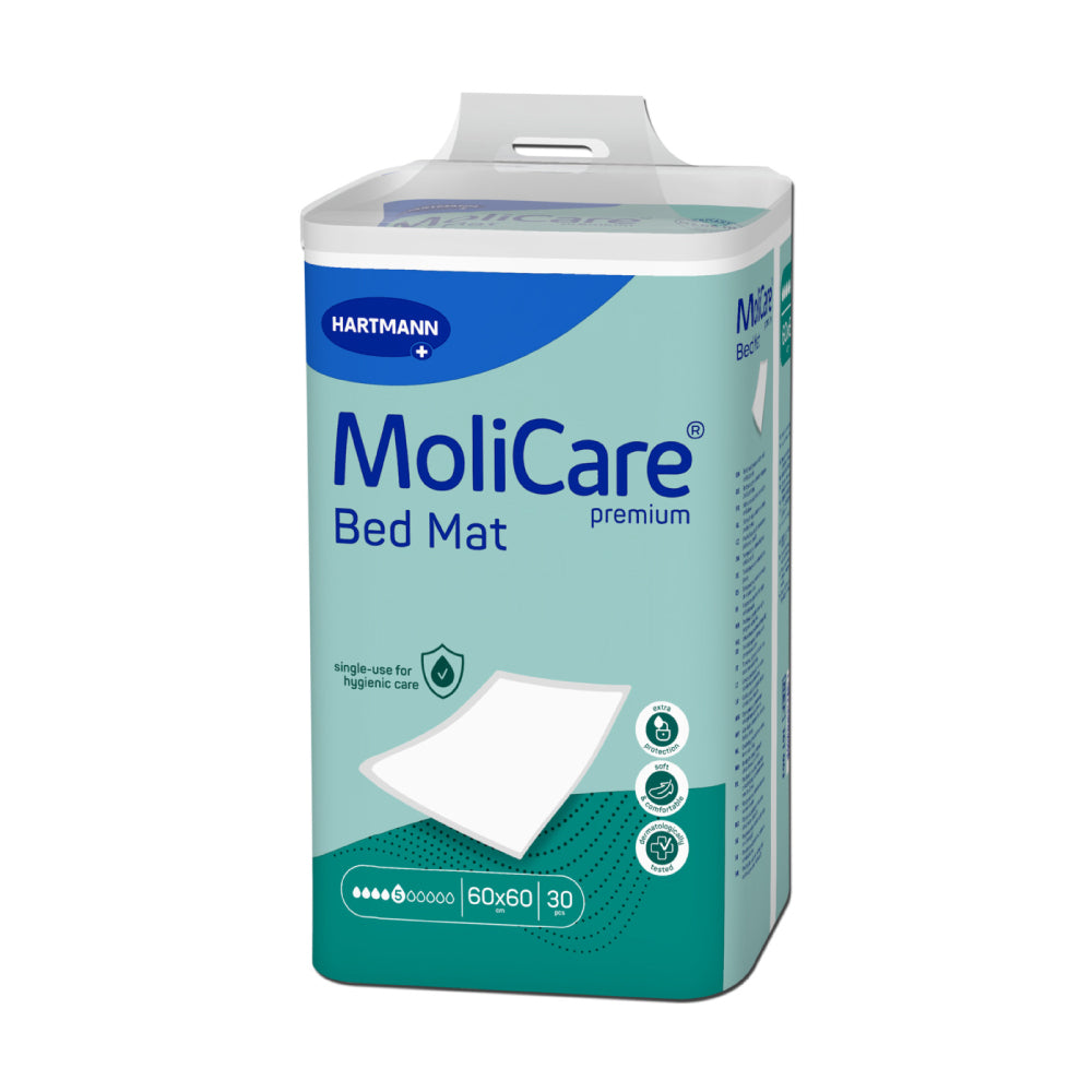 Frontalansicht einer Packung MoliCare Premium Bed Mat 5 Tropfen 60 x 60 cm.