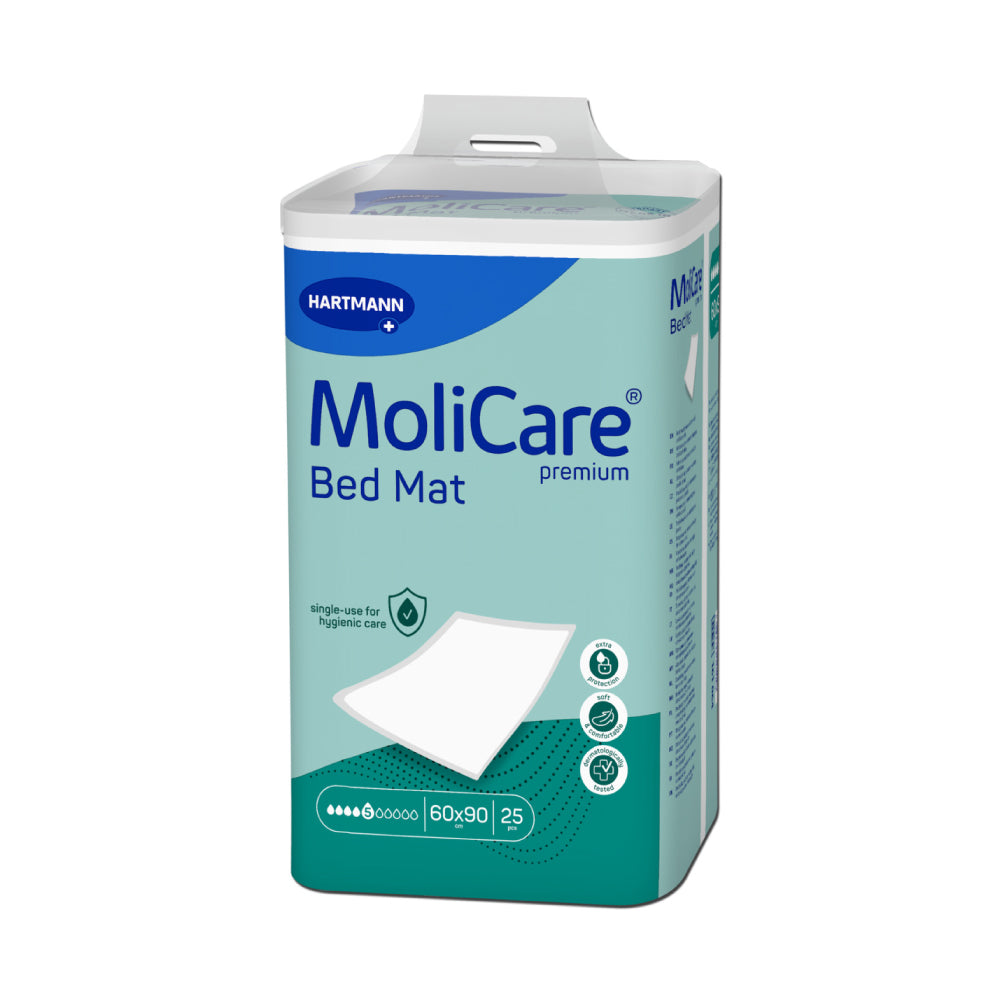 Frontalansicht einer Packung MoliCare Premium Bed Mat 5 Tropfen 60 x 90 cm.