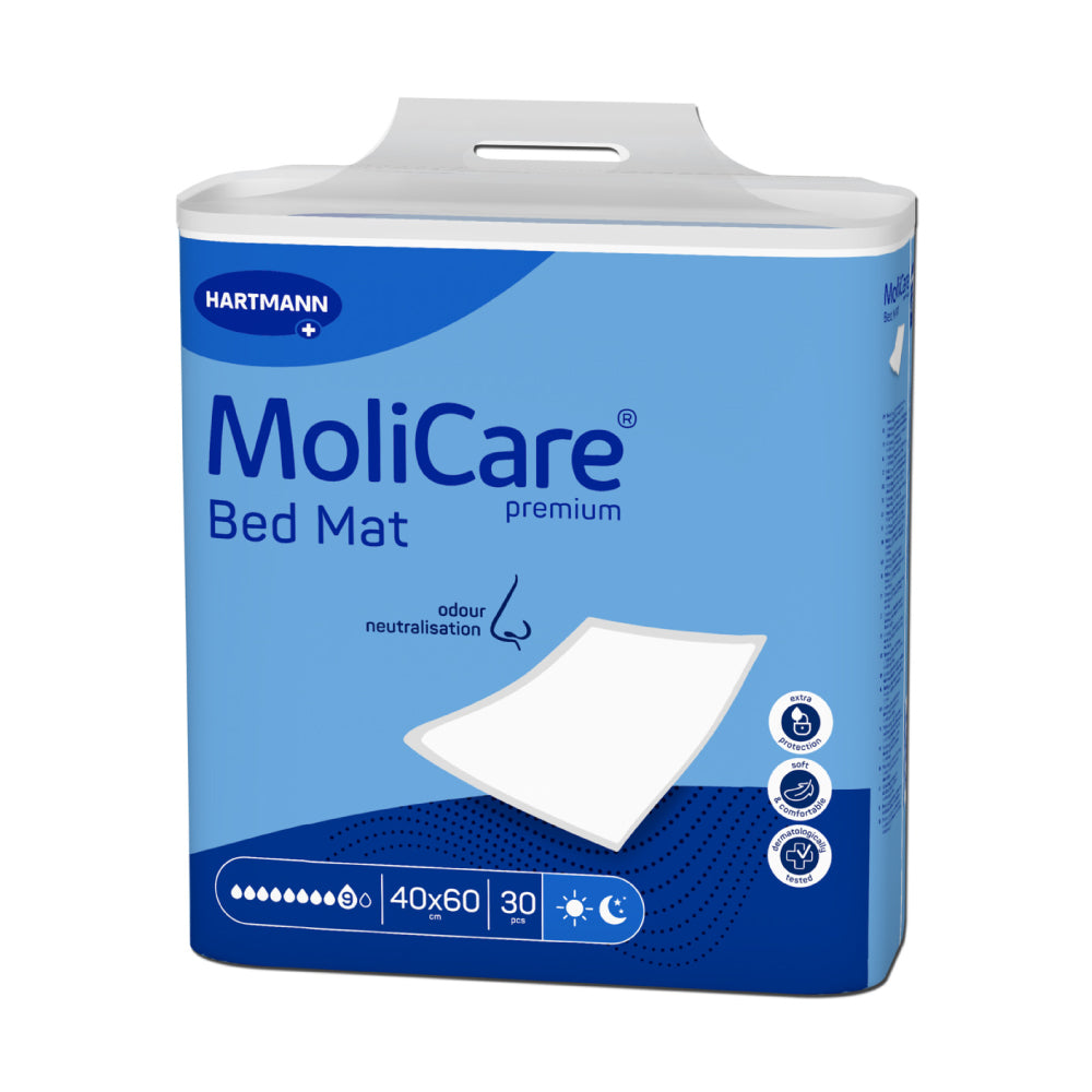 Frontalansicht einer Packung MoliCare Premium Bed Mat 9 Tropfen 40 x 60 cm.