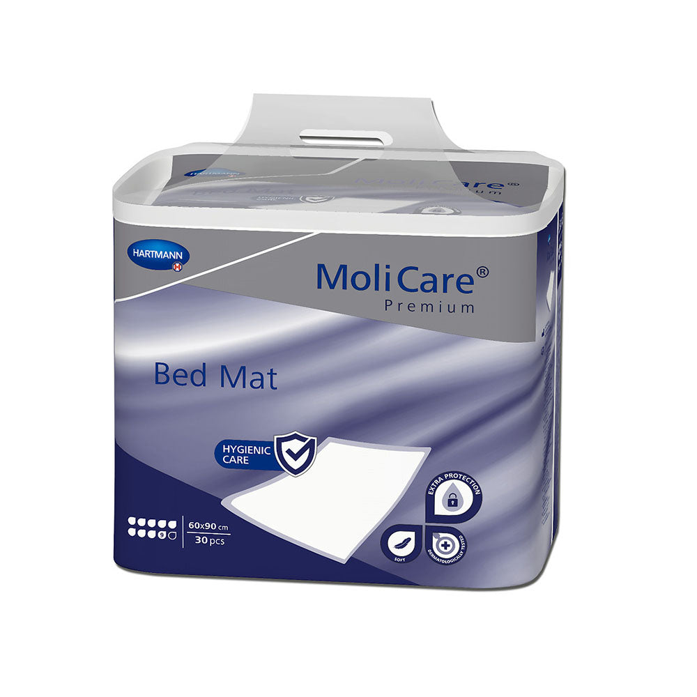 MoliCare Premium Bed Mat von Hartmann, 60×90 cm, 30 Stück pro Packung, Hygieneschutz-Unterlage in blau-grauer Verpackung.