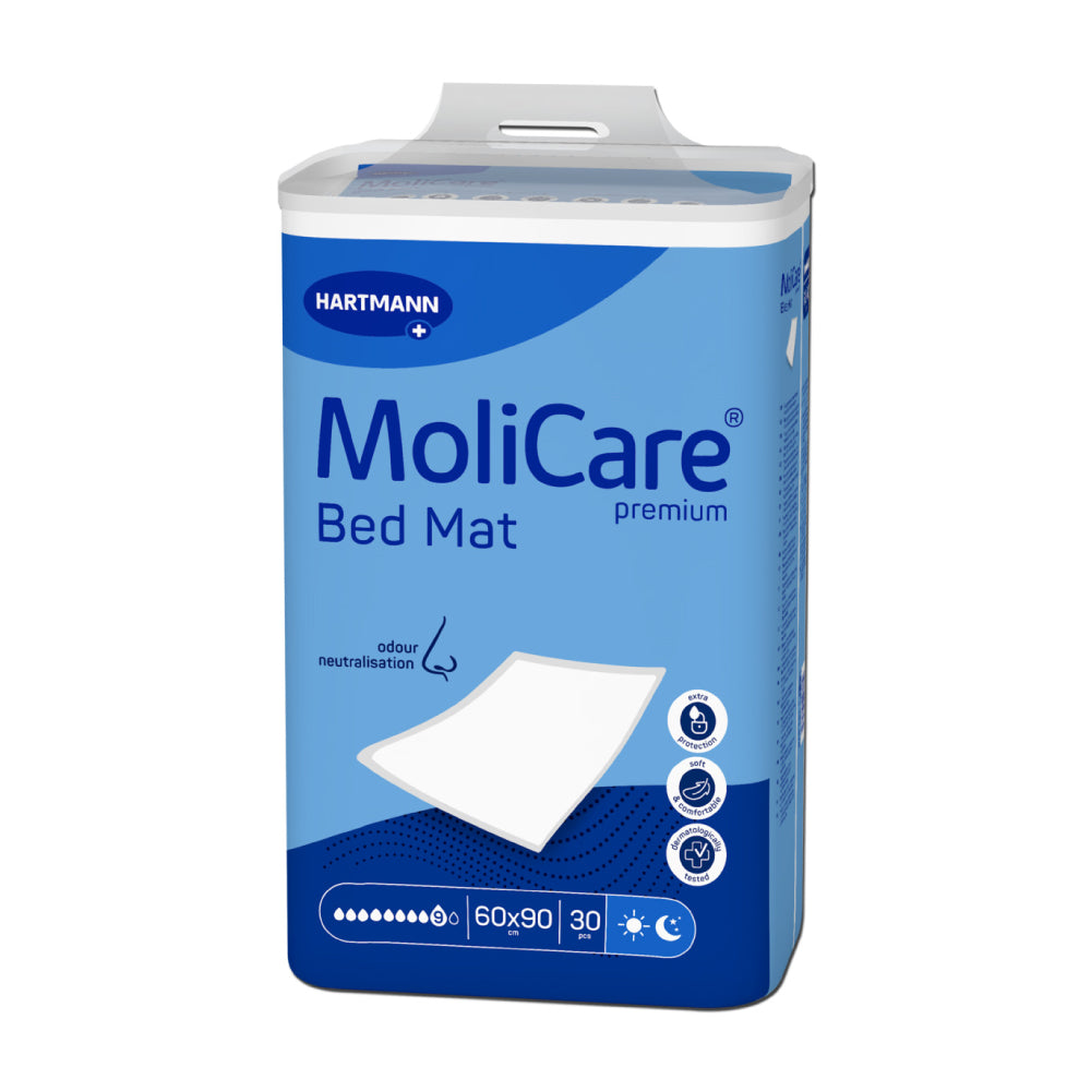 Frontalansicht einer Packung MoliCare Premium Bed Mat 9 Tropfen 60 x 90 cm.