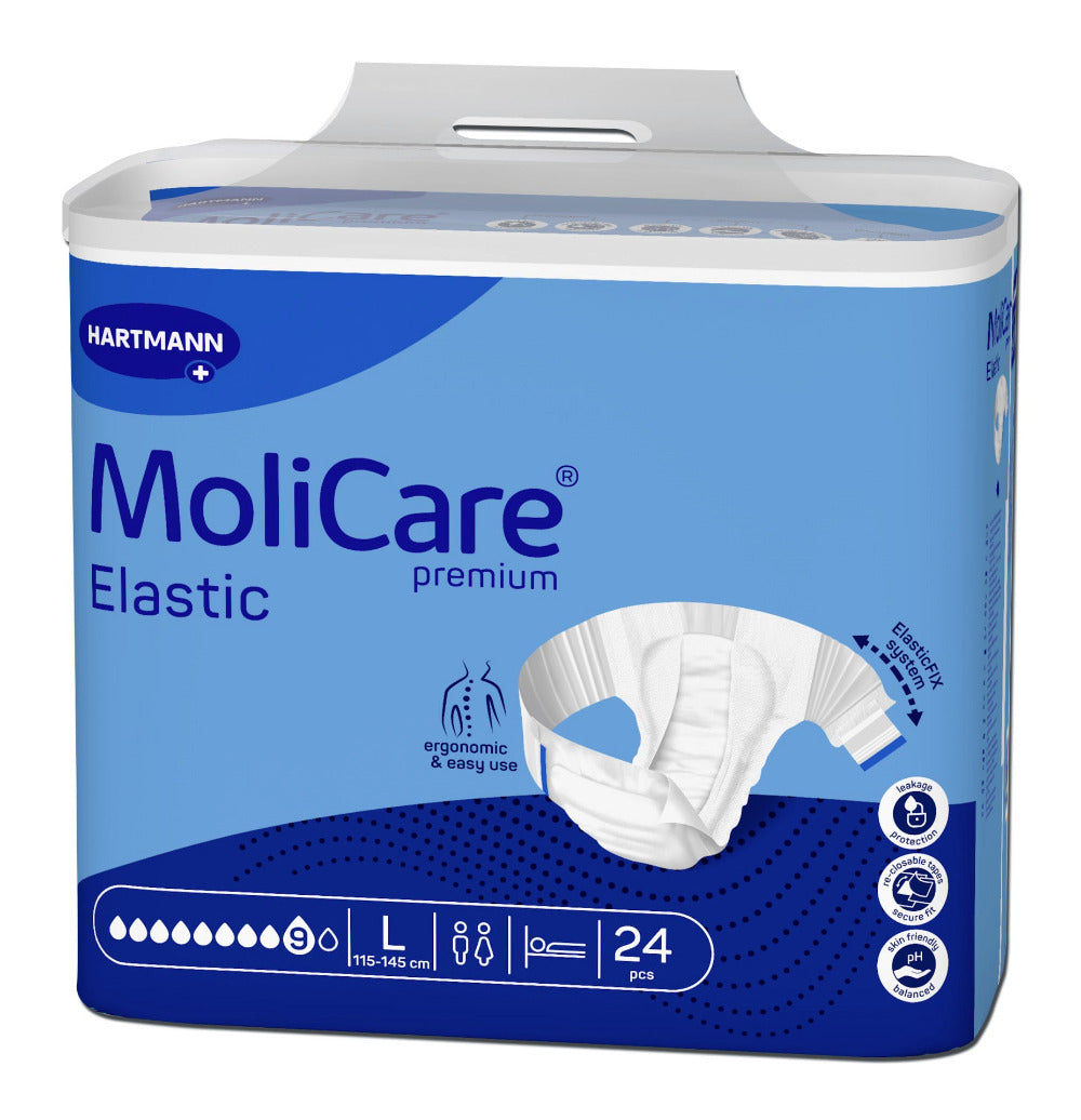 Molicare Premium Elastic 9 Tropfen L ist eine Packung mit Inkontinenzprodukten, die auf dem Bild zu sehen ist. Die Verpackung ist in einer modernen und ansprechenden Gestaltung gehalten, vorwiegend in Blau und Weiß, mit klaren, gut lesbaren Informationen zur Verwendung und den Eigenschaften des Produkts. Auf der Vorderseite sind Symbole abgebildet, die auf die hohe Saugfähigkeit und elastische Passform hinweisen. Die Packung ist offen und zeigt die Produkte in einem ansprechenden, hygienischen Zustand.