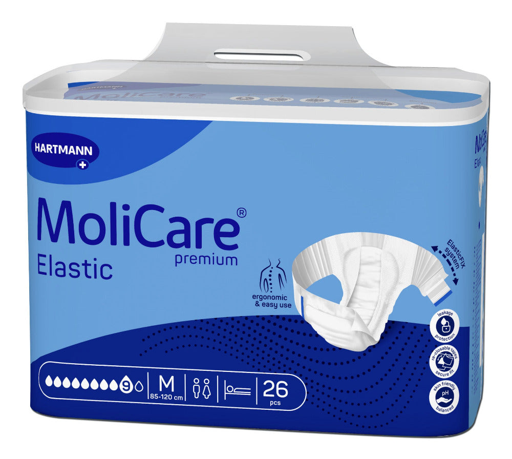 Alt-Text: Bild eines MoliCare Premium Elastic Slip mit 9 Tropfen für den mittleren Inkontinenzschutz, bekannt für hohen Tragekomfort. Der Slip ist elastisch und sorgt für eine optimale Passform. Auf dem Bild sind Packungen des Produkts zu sehen, die in einer ansprechenden, professionellen Präsentation angeordnet sind. Die Verpackung ist farbenfroh, zeigt klare Informationen über den Produkttyp, und enthält Icons für Saugstärke sowie Tragekomfort. Ideal für eine diskrete Nutzung und Bewegung.