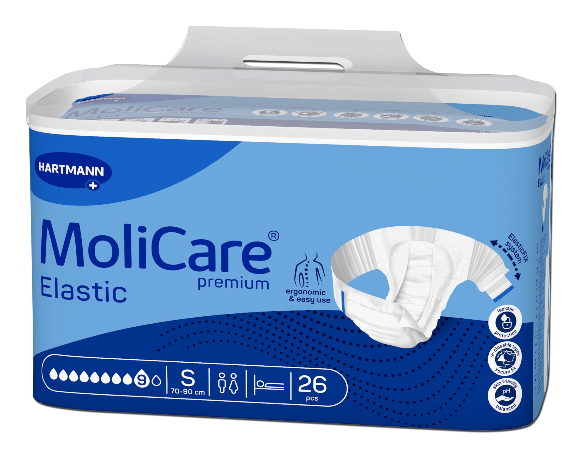MoliCare Premium Elastic Inkontinenzwindeln Größe S, 26 Stück, in blauer Hartmann-Verpackung mit Produktabbildung.