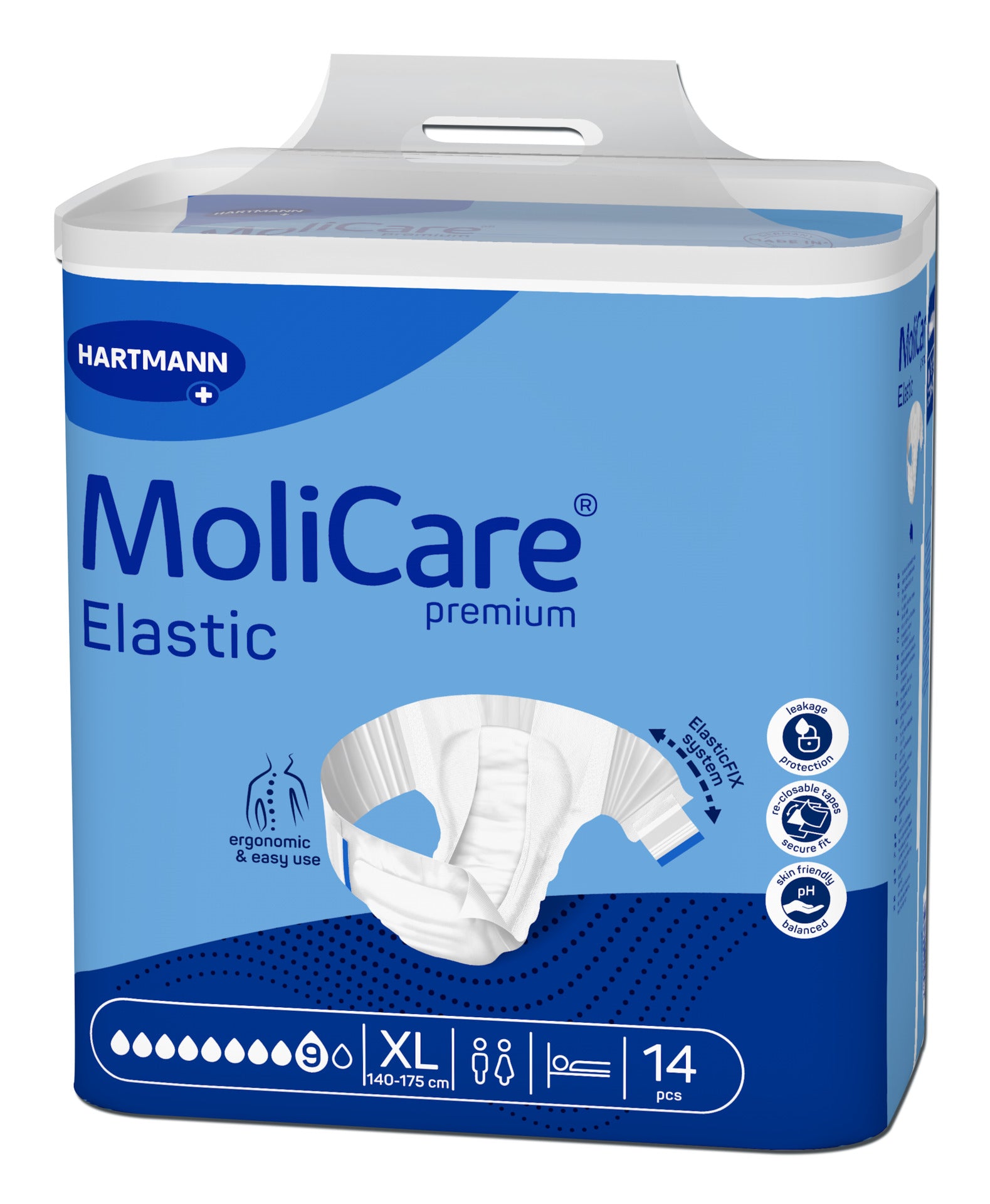 MoliCare Premium Elastic Inkontinenzwindeln Größe XL, 14 Stück, in blauer Hartmann-Verpackung mit Produktabbildung.