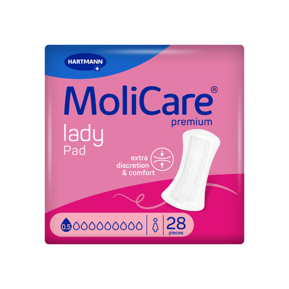 Frontalansicht einer Packung MoliCare Premium Lady Pad 0,5 Tropfen.