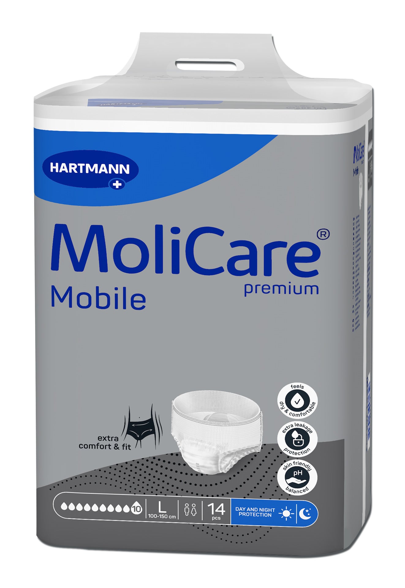 Produktbild der MoliCare Premium Mobile 10 Tropfen in Größe L. Die Verpackung zeigt eine moderne, ansprechende Gestaltung mit einer überwiegend weißen Farbe und pastellgrünen Akzenten. Auf der Vorderseite sind der Produktname "MoliCare Premium" und die Größe "L" gut lesbar. Das Bild enthält auch Informationen zur Saugstärke (10 Tropfen) sowie ein Piktogramm, das auf den bequemen Tragekomfort hinweist. Der Hintergrund ist neutral gehalten, sodass die Verpackung und deren Details klar im Fokus stehen.