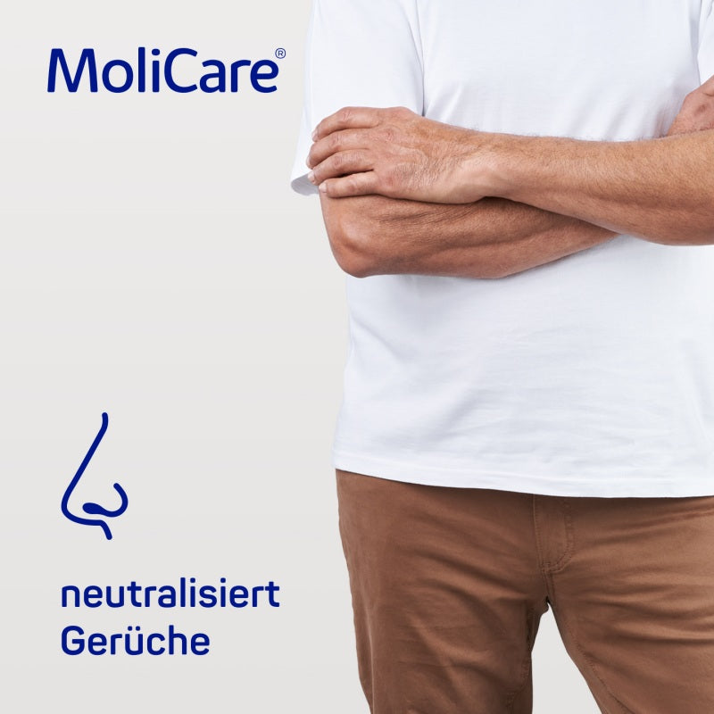 Das Bild zeigt eine Verpackung des Produkts "Molicare Premium Mobile" in der Größe M. Die Verpackung ist blau und hebt die Produktmerkmale hervor, darunter die Fähigkeit, bis zu 10 Tropfen Flüssigkeit aufzunehmen. Auf der Vorderseite sind zusätzliche Informationen und Logos zu erkennen, die die Qualität und Nutzung bestätigen. Der Hintergrund ist weiß, wodurch die Verpackung gut zur Geltung kommt.