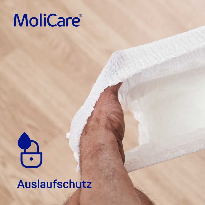 Produktbild von Molicare Premium Mobile, einer Packung mit 10 Tropfen, Größe M. Die Verpackung zeigt eine transparente Kunststofffolie mit dem Markenlogo von Molicare, das prominent an der Oberseite abgebildet ist. Auf der Vorderseite sind wichtige Informationen und Symbole, die die Produkteigenschaften darstellen, klar lesbar. Der Hintergrund ist schlicht und neutral, wodurch die Verpackung in den Fokus gerückt wird.