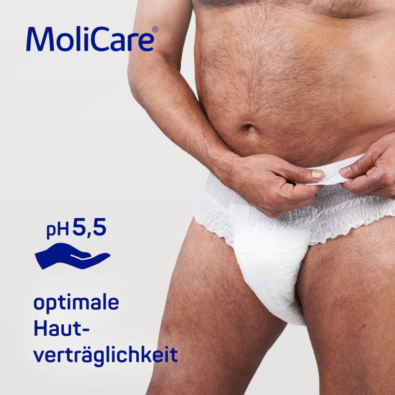 Produktbild der MoliCare Premium Mobile 10 Tropfen – Einpackung mit hellblauem Design. Die Packung zeigt eine abgebildete Anzahl von 10 Tropfen und ist für die Größe 'M' gekennzeichnet. Oben auf der Verpackung befindet sich das MoliCare-Logo. Die Vorderseite enthält eine klare Beschreibung der Produktspezifikationen und Anwendungsmöglichkeiten. Der Hintergrund ist neutral und hebt die Verpackung hervor. Weitere weggeklappte Informationen sind sichtbar, die die Verwendung von Inkontinenzhilfen darstellen.