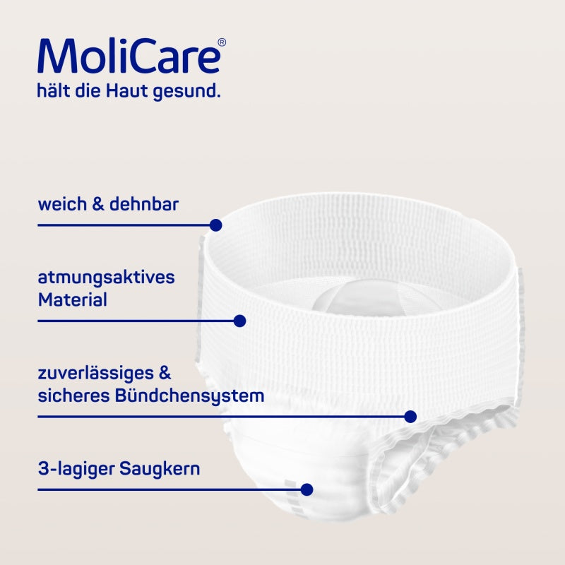 Detaillierte Produktabbildung eines MoliCare Premium Mobile 10 Tropfen M Saugschutz, verpackt in einem hellblauen, ansprechenden Karton. Die Vorderseite zeigt das Produktlogo prominently sowie die Packungsbezeichnung „Premium Mobile 10 Tropfen M”. Es sind Hinweise zu den Eigenschaften wie „Hohe Saugkraft” und „Aktiv-Komfort” abgebildet. Der Karton ist auf einem neutralen, hellen Hintergrund platziert, der die Aufmerksamkeit auf das Produkt lenkt.