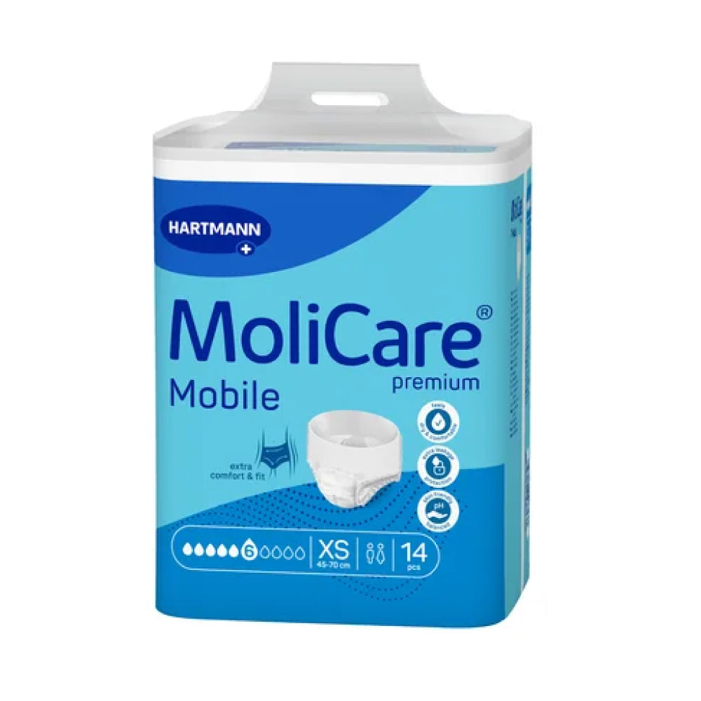 Frontalansicht einer Packung MoliCare Premium Mobile 6 Tropfen XS.