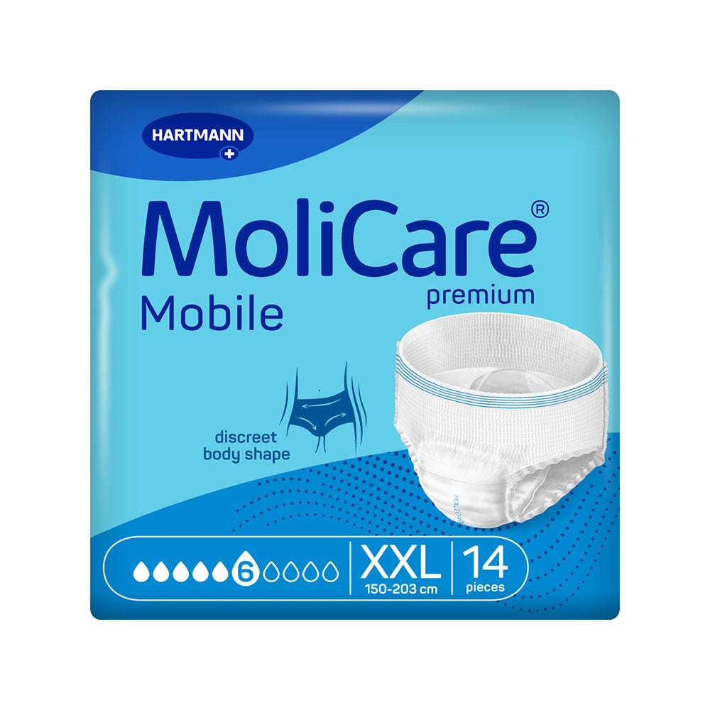 Frontalansicht einer Packung MoliCare Premium Mobile 6 Tropfen XXL Inkontinenzpants.