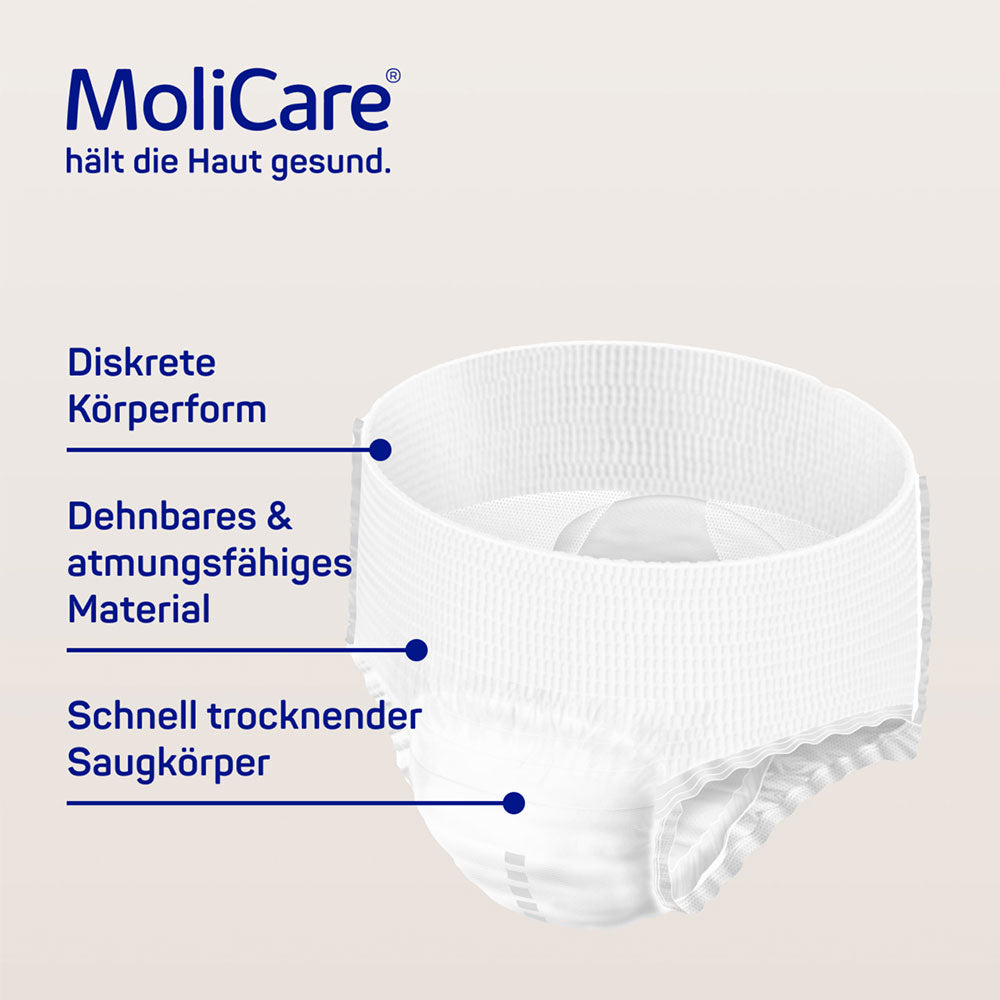 Frontalansicht einer einzeln entnommenen MoliCare Premium Mobile 6 Tropfen XXL Inkontinenzpants mit den Hinweisen: Diskrete Körperform, Dehnbares & atmungsfähiges Material, Schnell trocknender Saugkörper.
