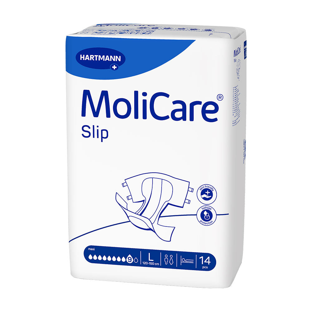 Frontalansicht einer Packung MoliCare Slip Maxi 9 Tropfen Large Inkontinenzslips.