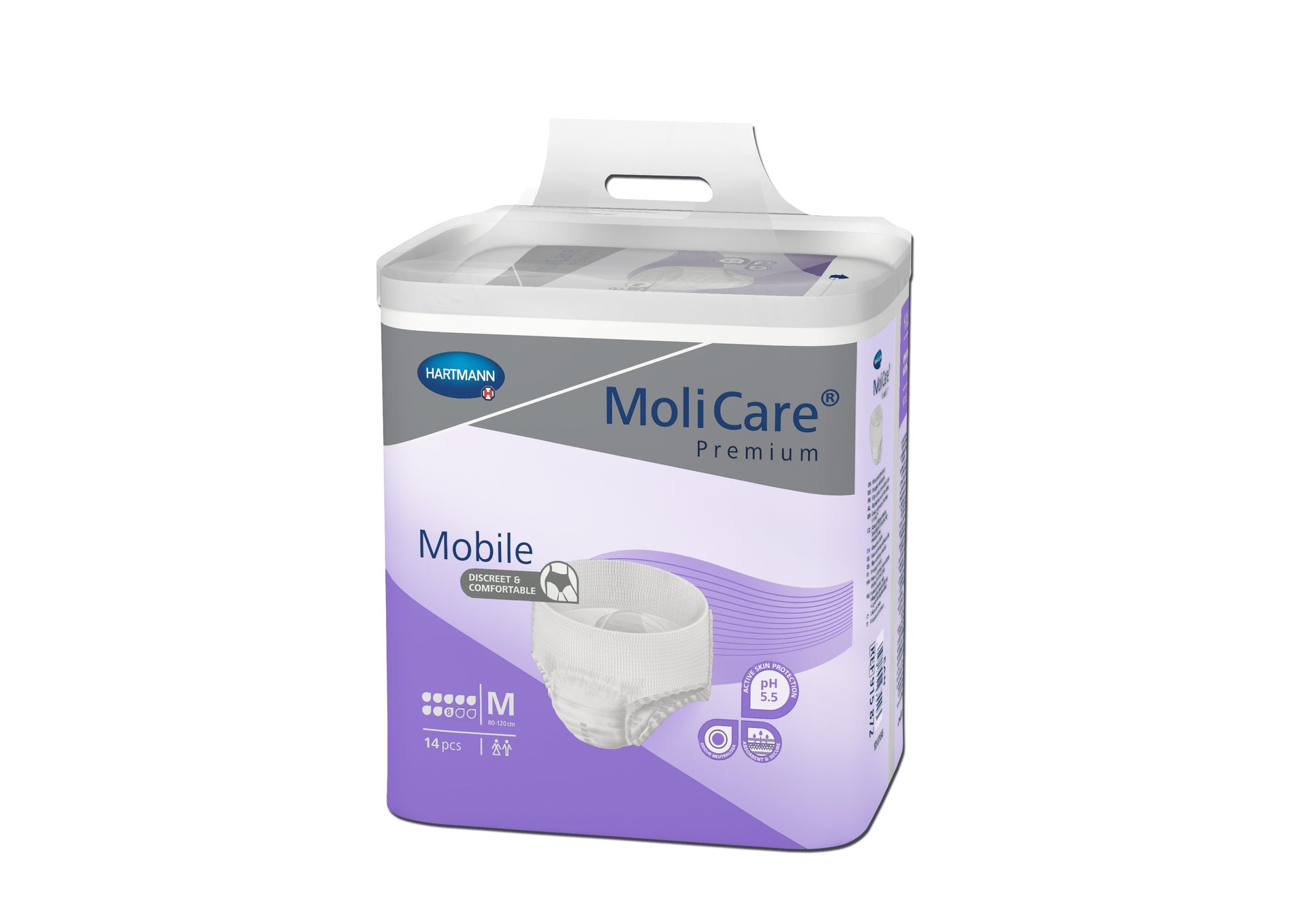 MoliCare Premium Mobile, Artikelnummer 9158723, Größe M. Auf dem Bild sind die Windeln für Erwachsene abgebildet, die in einer transparenten Verpackung präsentiert werden. Die Windeln sind in einem hellen Blau gehalten und zeigen eine stilisierte, grafische Darstellung von Tropfen, die eine hohe Saugfähigkeit symbolisieren. Die Vorderseite der Verpackung enthält klare Informationen über die Größe und Saugstärke (8 Tropfen). Der Hintergrund ist neutral, um die Produktdetails hervorzuheben.