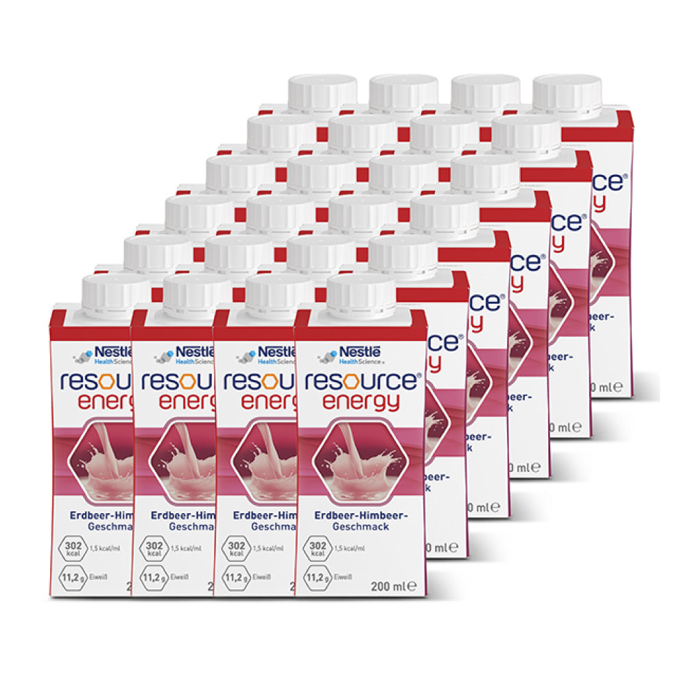 Frontalansicht einer Packung Nestle Resource Energy Erdbeer-Himbeer.