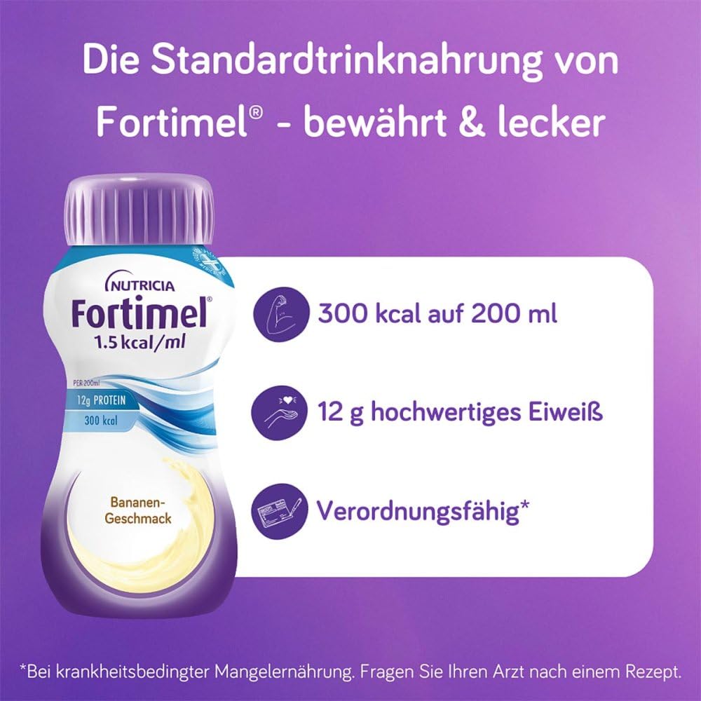 Fortimel 1.5 kcal/ml Banane mit drei Produktvorteilen: 300 kcal pro 200 ml, 12 g hochwertiges Eiweiß und verordnungsfähig bei krankheitsbedingter Mangelernährung.