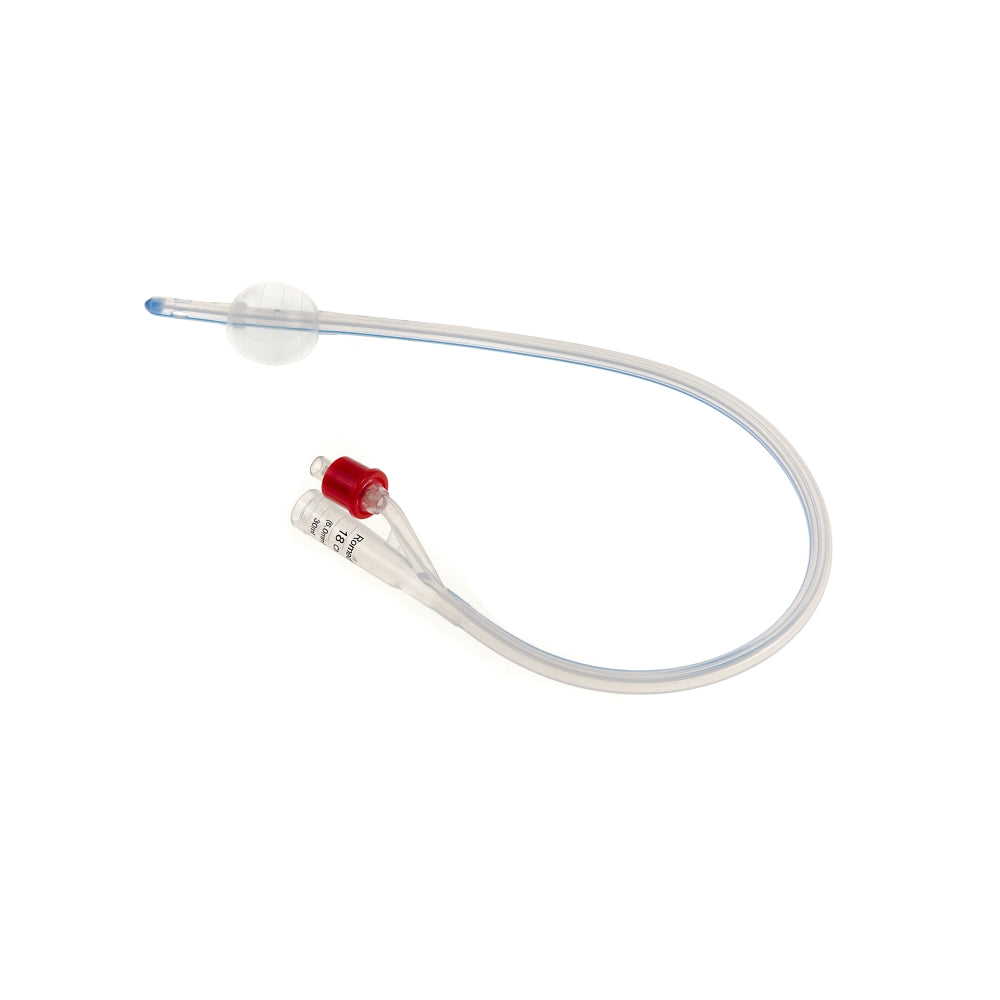 Frontalansicht eines ausgepackten Romed Foley Ballonkatheters 2-Wege steril.