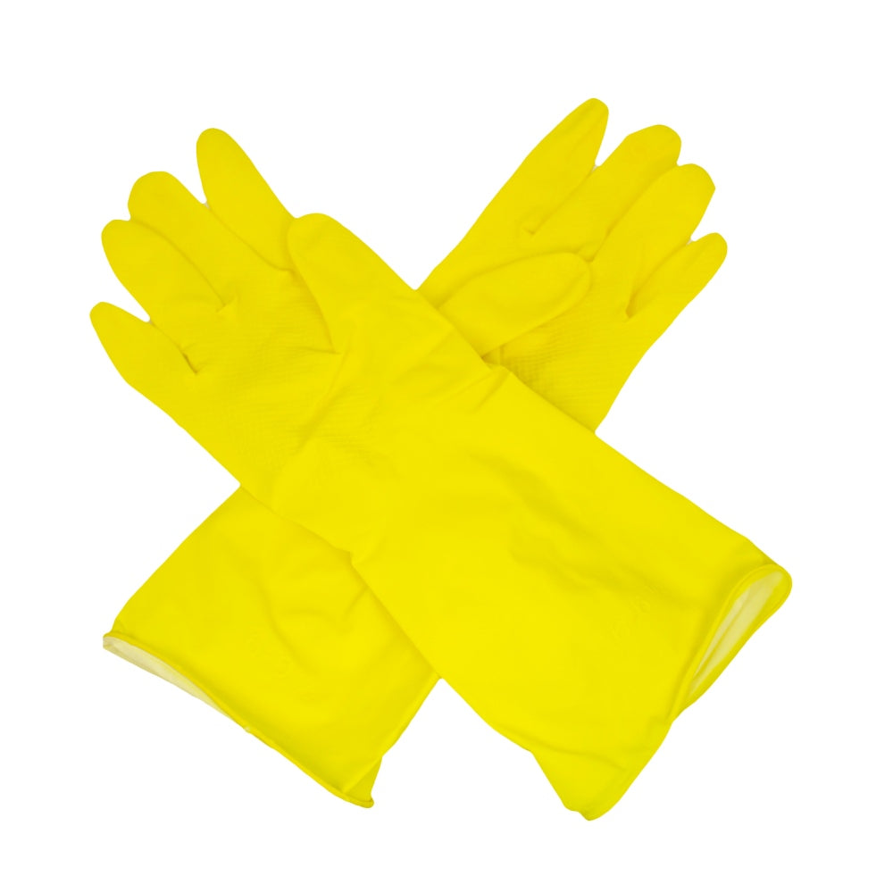 Gelbe Haushaltshandschuhe aus 100 % Naturlatex, präsentiert in einer ansprechenden Umgebung. Die Handschuhe sind in der Größe Large erhältlich und zeigen sich mit einer glatten, glänzenden Oberfläche, die für Schutz und Flexibilität sorgt. Die sichtbaren Nähte und die langen Manschetten bieten zusätzlichen Halt und Schutz beim Reinigungseinsatz. Der Hintergrund ist neutral gehalten, um die Handschuhe hervorzuheben.