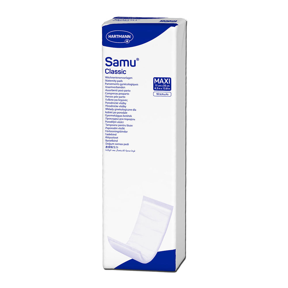 Frontalansicht einer Kleinpackung Samu Classic Maxi Inkontinenzvorlagen.