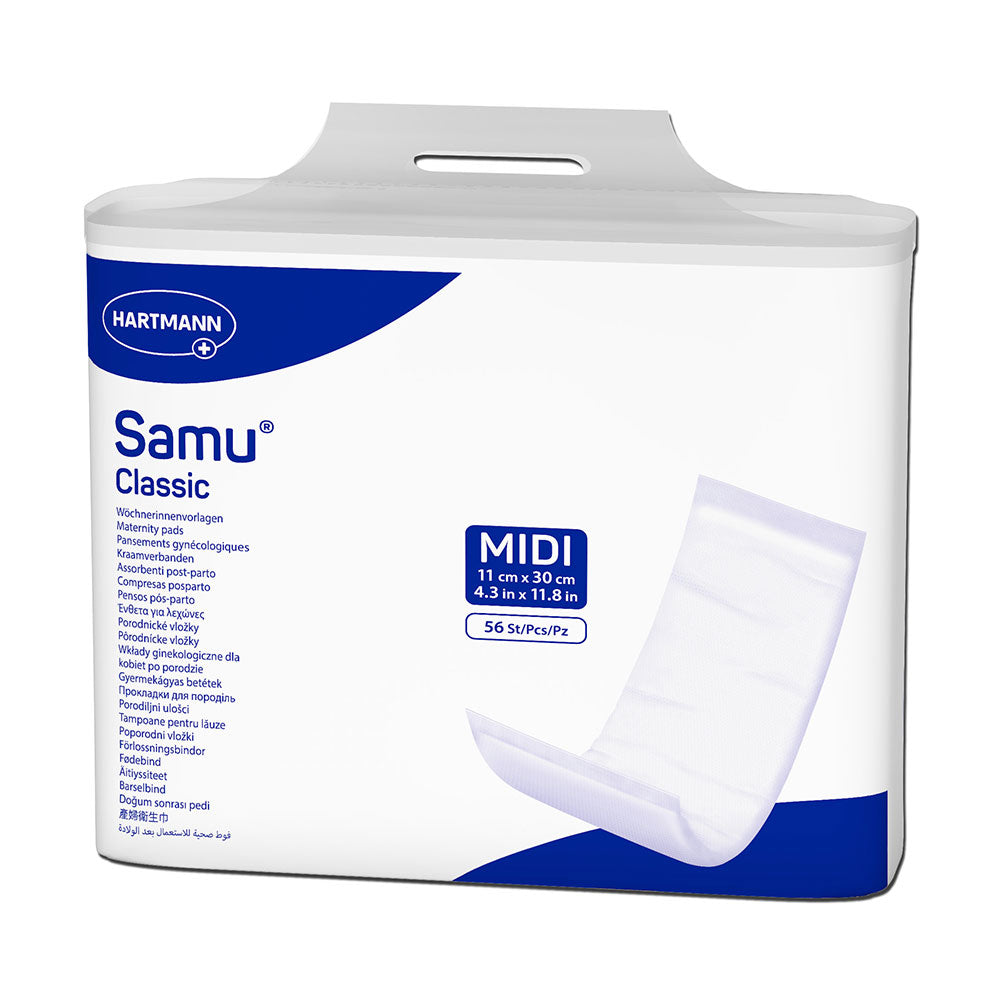 Frontalansicht einer Packung Samu Classic Midi Inkontinenzvorlagen.