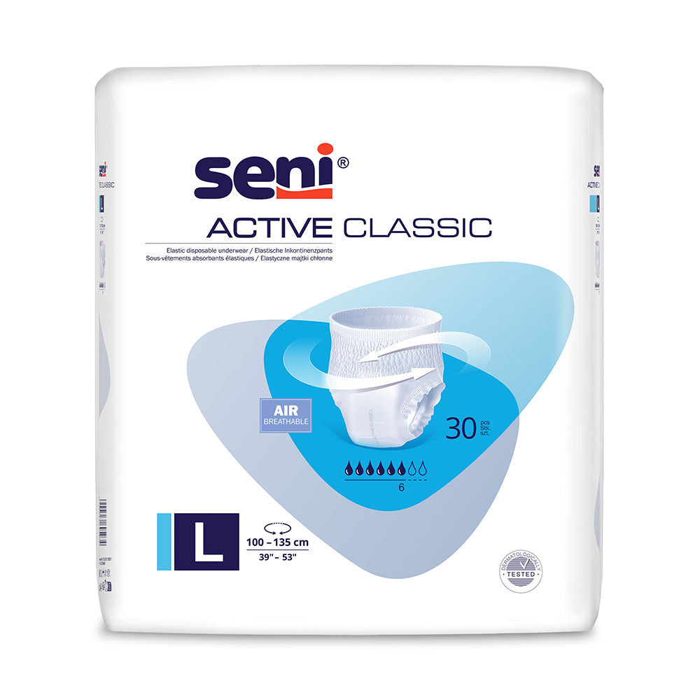 Frontalansicht einer Packung Seni Active Classic Large Inkontinenzhosen.