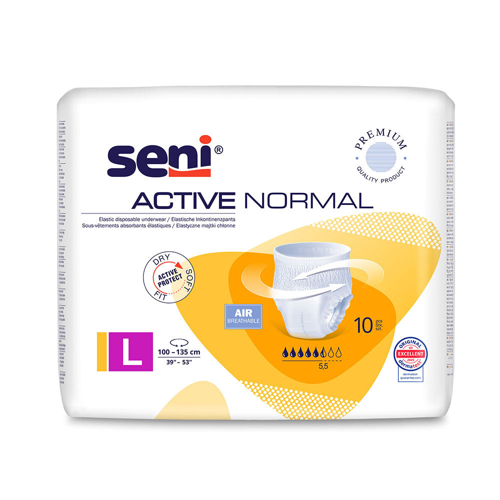Frontalansicht einer Packung Seni Active Normal Inkontinenzhosen.