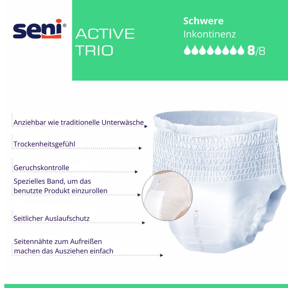 Frontalansicht einer einzeln entnommenen Seni Active Trio Inkontinenzhose mit Produkteigenschaften: Anziehbar wie traditionelle Unterwäsche, Trockenheitsgefühl, Geruchskontrolle, Spezielles Band, Seitlicher Auslaufschutz, Seitennähte zum einfachen Ausziehen.