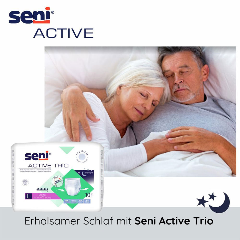 Aufnahme eines im Bett liegenden Paares mit dem Hinweis: Erholsamer Schlaf mit Seni Active Trio.