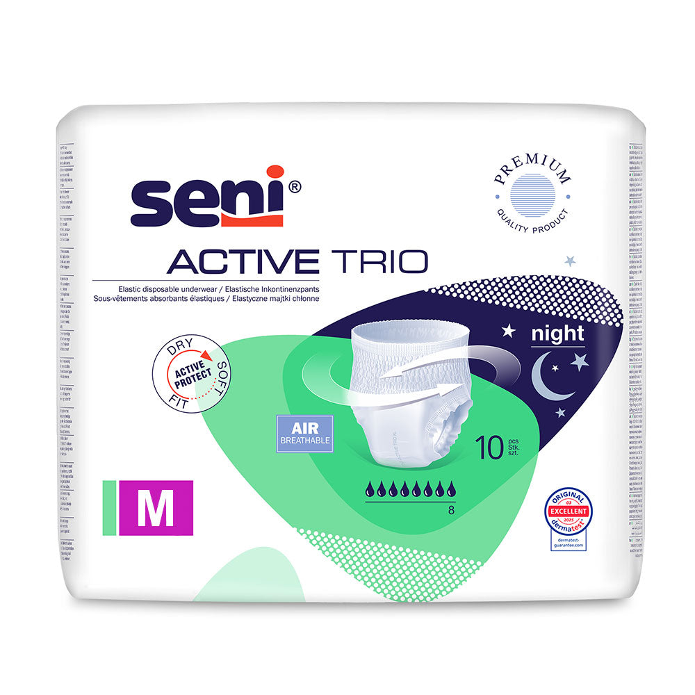 Frontalansicht einer Packung Seni Active Trio Medium Inkontinenzhosen.