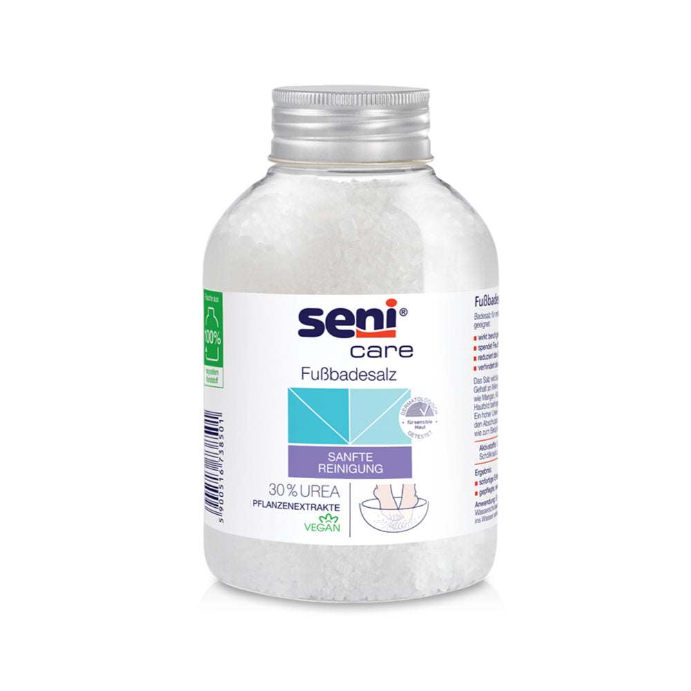 Frontalansicht einer Packung Seni Care Fußbadesalz mit 30 % Urea.