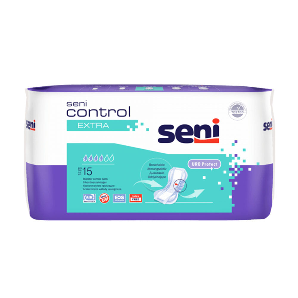 Frontalansicht der Seni Control Extra Packung – atmungsaktive Einlagen mit seitlichem Auslaufschutz