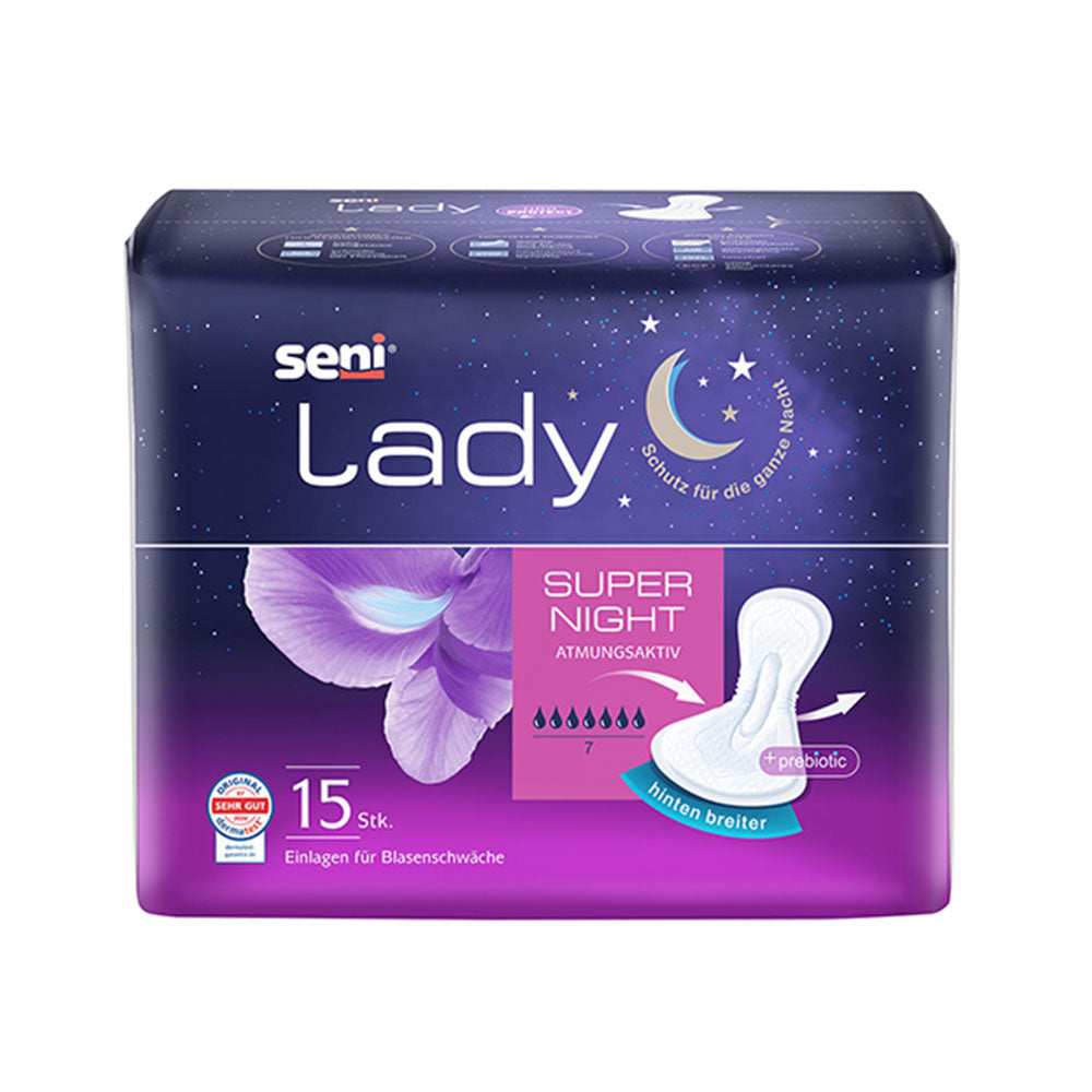 Frontalansicht einer Packung Seni Lady Super Night Inkontinenzeinlagen.